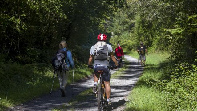 GR78 de Lourdes à Saint Jacques de Compostelle. Randonneurs et vététiste parcourant le chemin