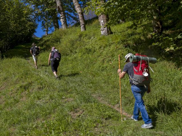 Pelerins sur le chemin de Saint Jacques de Compostelle aux abords de Lourdes